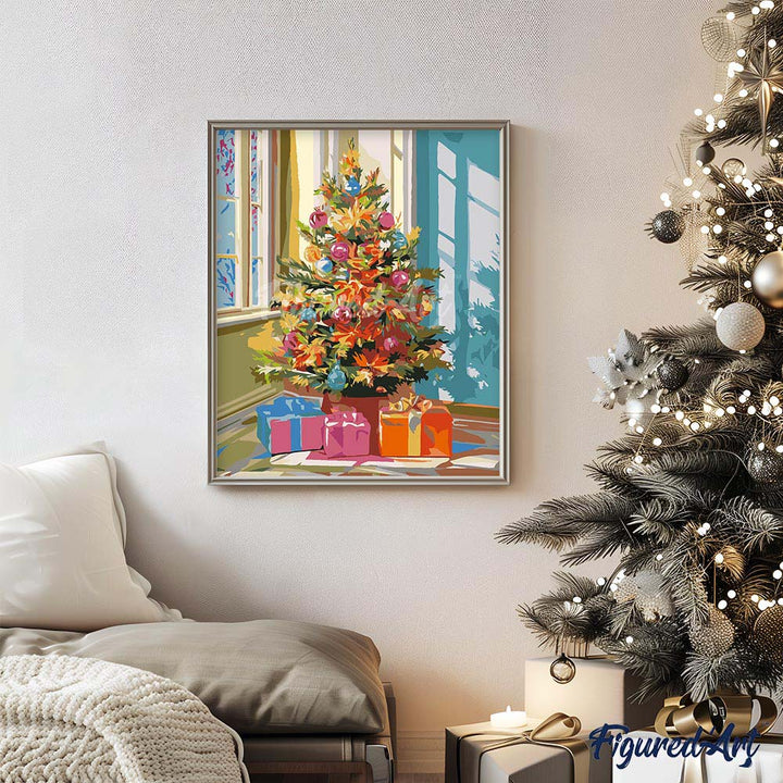 Malen nach Zahlen 40x50cm auf Keilrahmen gespannt Figured’Art Leuchtender Weihnachtsbaum - Kidis Art