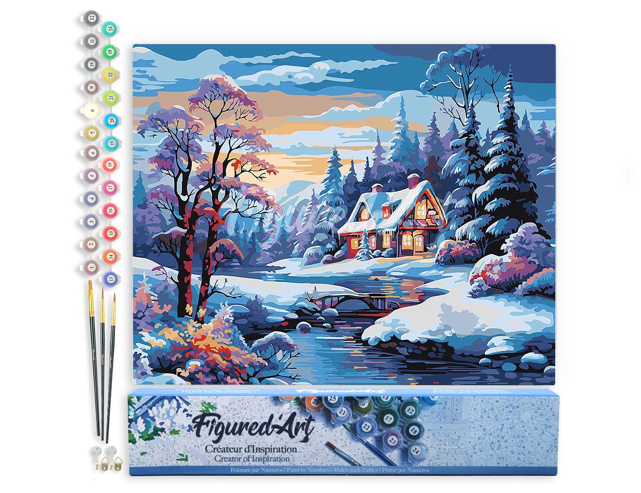 Malen nach Zahlen 40x50cm ohne Keilrahmen Figured’Art Cottage am Fluss im Winter - Kidis Art