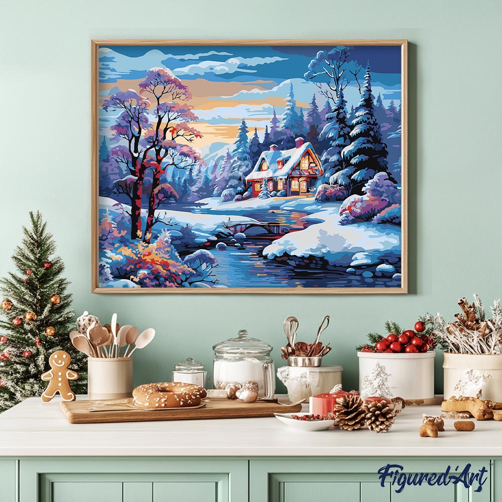 Malen nach Zahlen 40x50cm ohne Keilrahmen Figured’Art Cottage am Fluss im Winter - Kidis Art