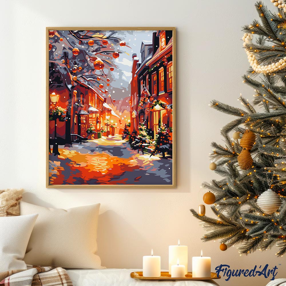 Malen nach Zahlen 40x50cm auf Keilrahmen gespannt Figured’Art Weihnachten zur goldenen Stunde - Kidis Art