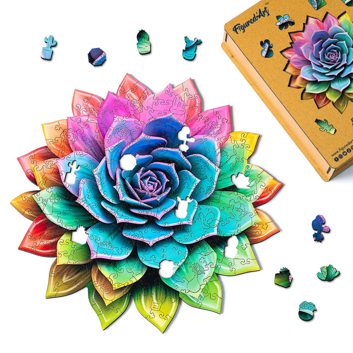 Holzpuzzle 2D Design – Regenbogen-Sukkulente - Kidis Art