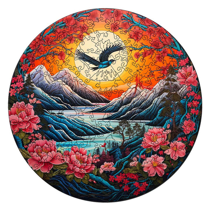 Holzpuzzle 2D Design – Berglandschaft bei Sonnenuntergang - Kidis Art