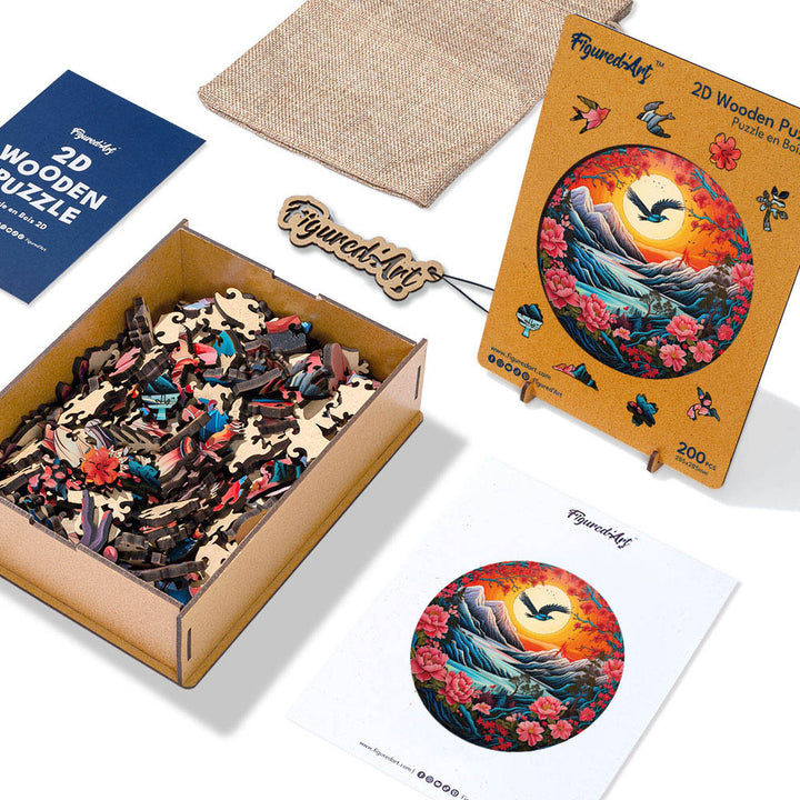 Holzpuzzle 2D Design – Berglandschaft bei Sonnenuntergang - Kidis Art