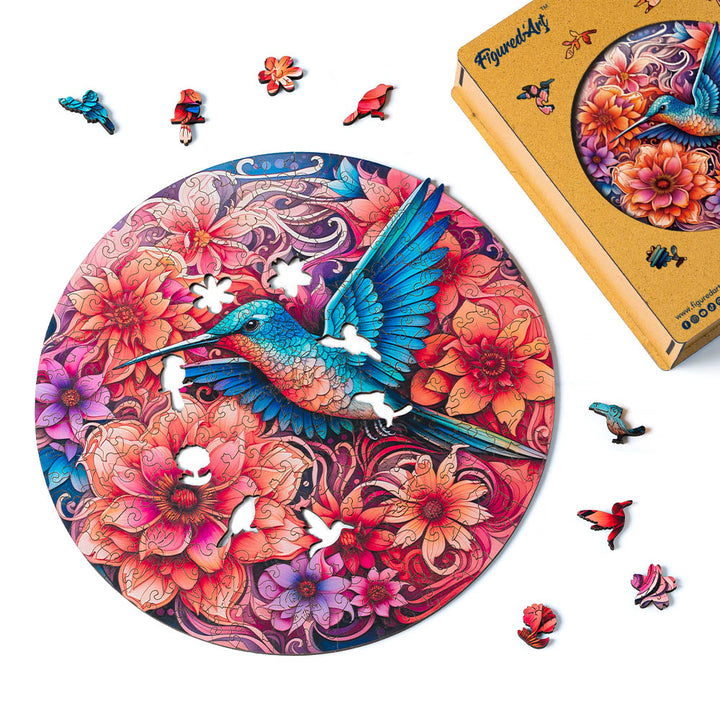 Holzpuzzle 2D Design – Kolibri und blühende Blumen - Kidis Art