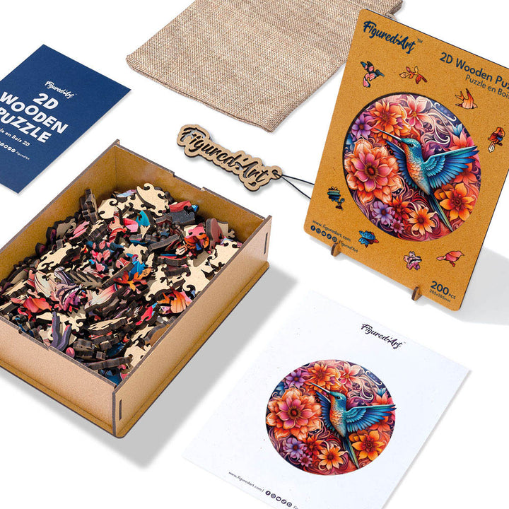 Holzpuzzle 2D Design – Kolibri und blühende Blumen - Kidis Art