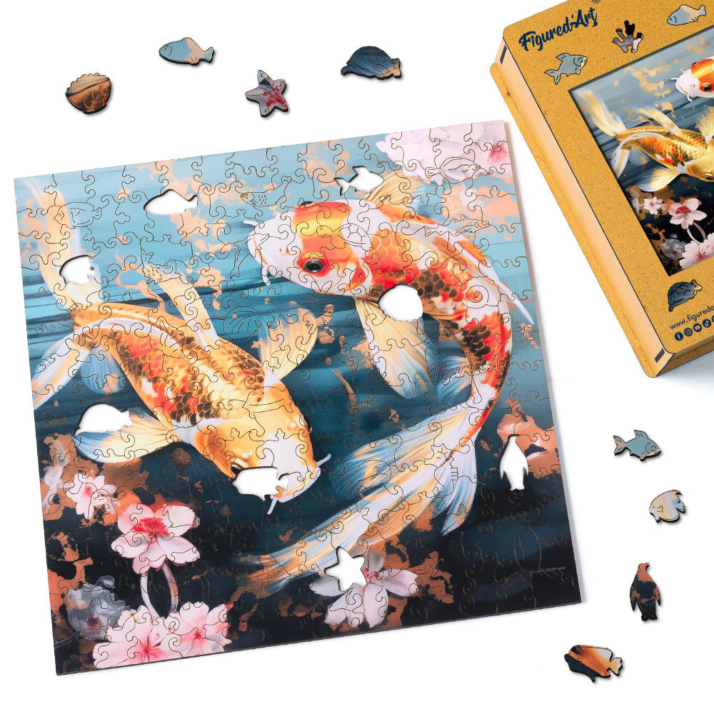 Holzpuzzle 2D Design – Koi-Karpfen und Blumen - Kidis Art