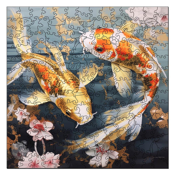 Holzpuzzle 2D Design – Koi-Karpfen und Blumen - Kidis Art