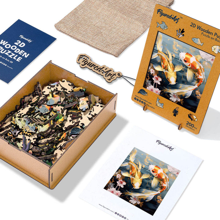 Holzpuzzle 2D Design – Koi-Karpfen und Blumen - Kidis Art