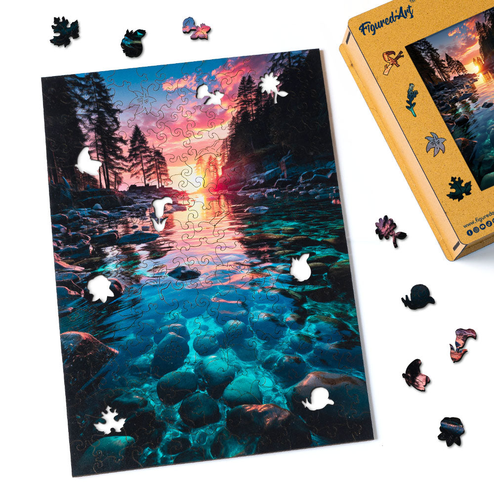 Holzpuzzle 2D Design – Sonnenuntergang und klarer Fluss - Kidis Art