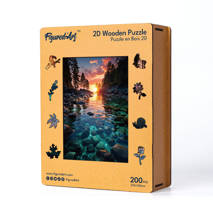 Holzpuzzle 2D Design – Sonnenuntergang und klarer Fluss - Kidis Art