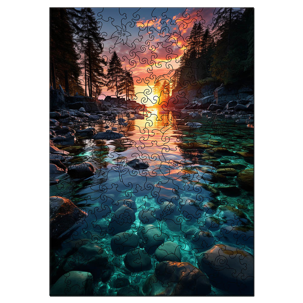 Holzpuzzle 2D Design – Sonnenuntergang und klarer Fluss - Kidis Art