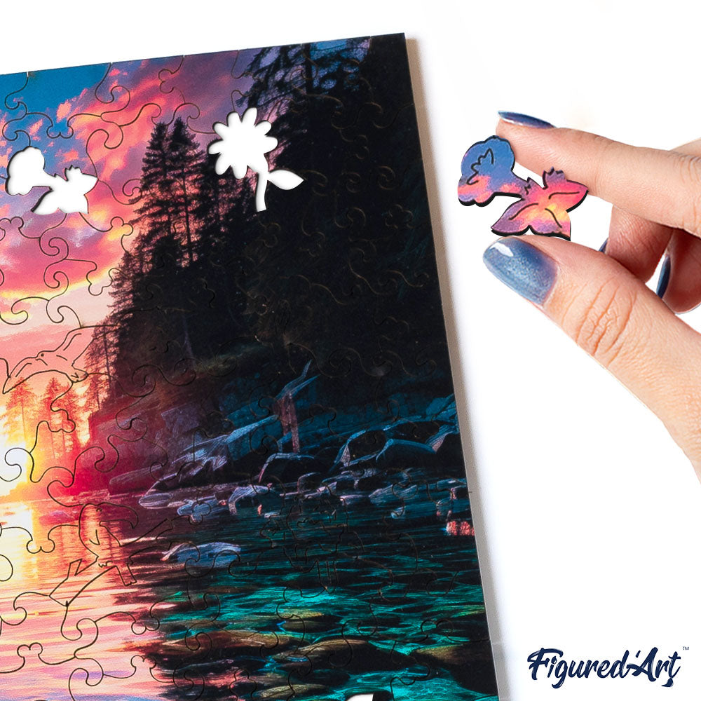 Holzpuzzle 2D Design – Sonnenuntergang und klarer Fluss - Kidis Art