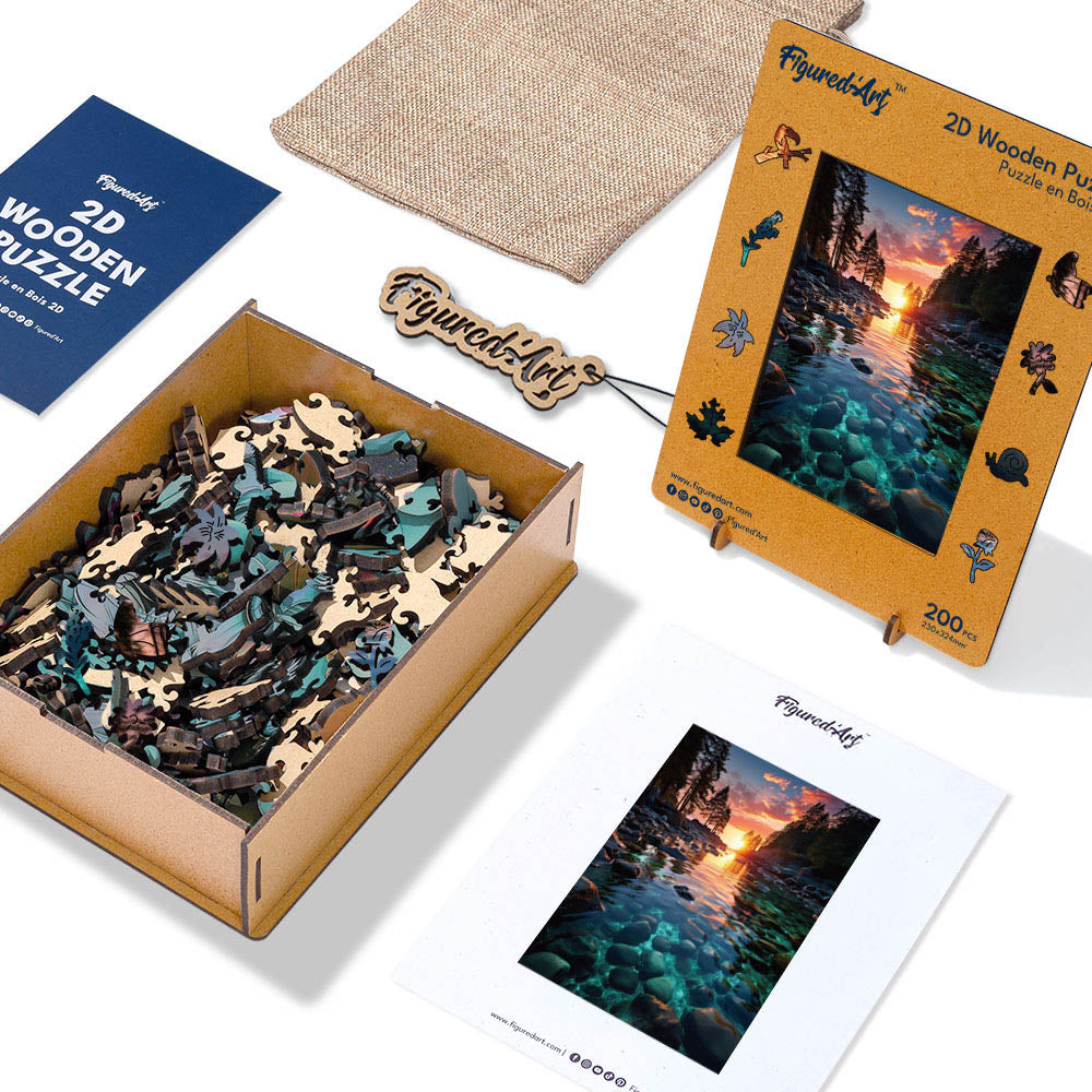 Holzpuzzle 2D Design – Sonnenuntergang und klarer Fluss - Kidis Art