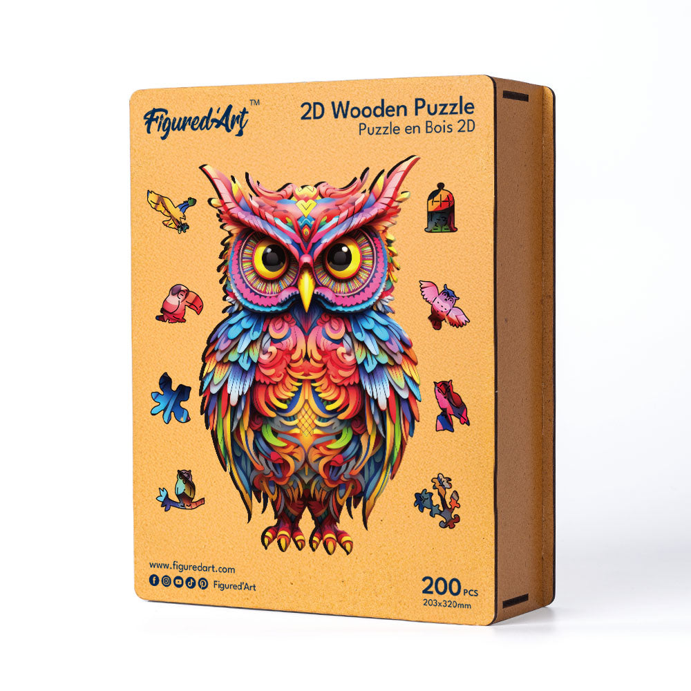 Holzpuzzle 2D Design – Strahlende Eule - Kidis Art