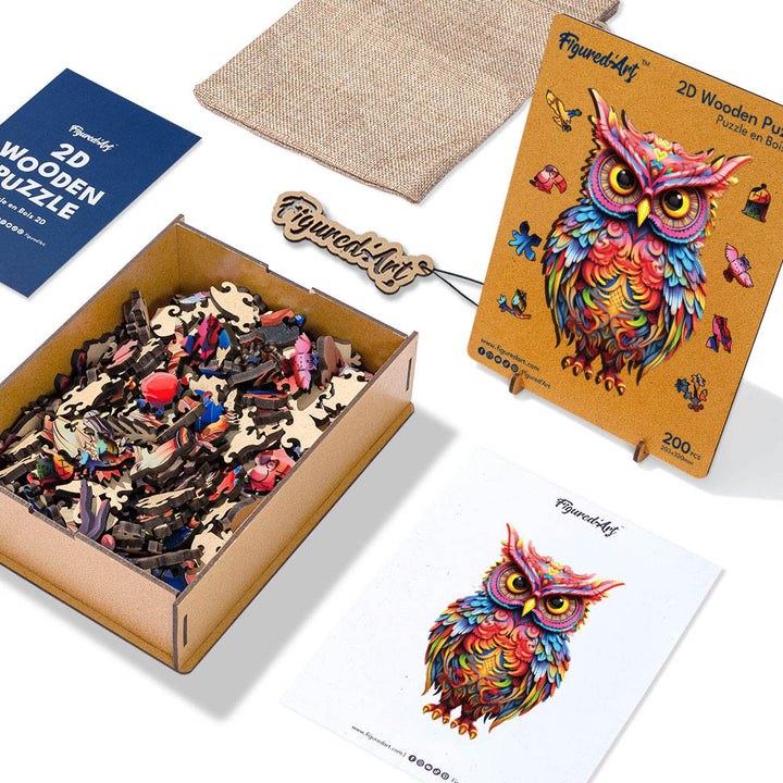 Holzpuzzle 2D Design – Strahlende Eule - Kidis Art