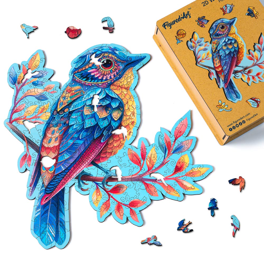 Holzpuzzle 2D Design – Blauer Vogel auf einem Ast - Kidis Art
