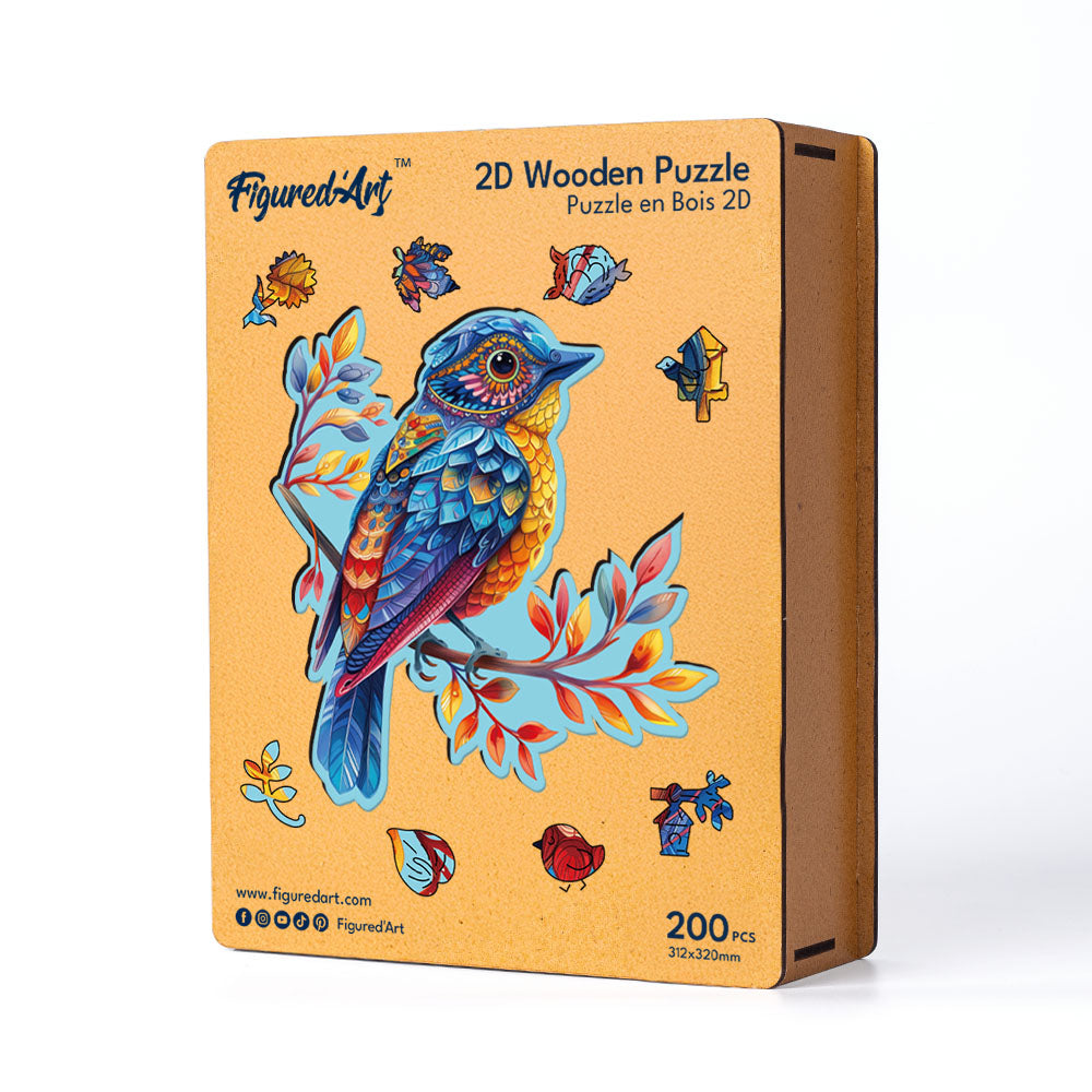 Holzpuzzle 2D Design – Blauer Vogel auf einem Ast - Kidis Art