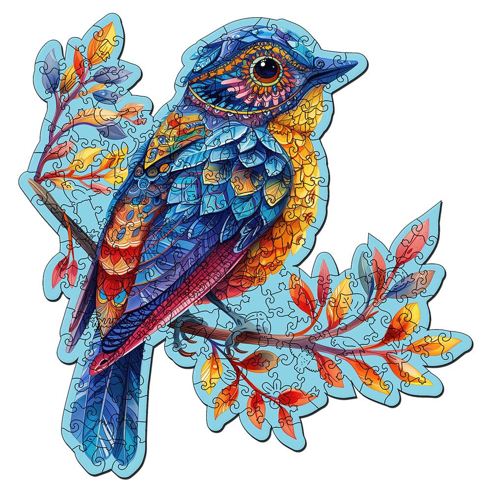 Holzpuzzle 2D Design – Blauer Vogel auf einem Ast - Kidis Art