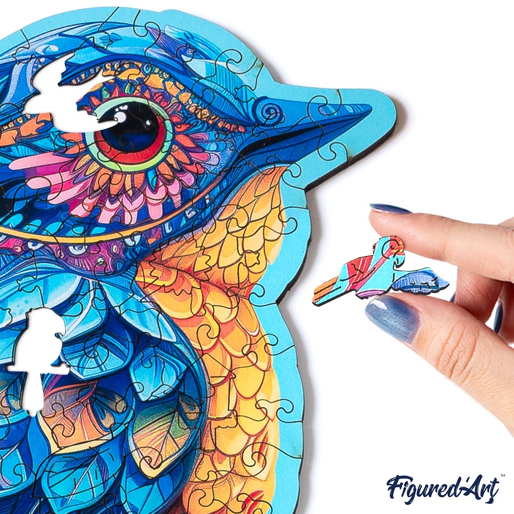 Holzpuzzle 2D Design – Blauer Vogel auf einem Ast - Kidis Art