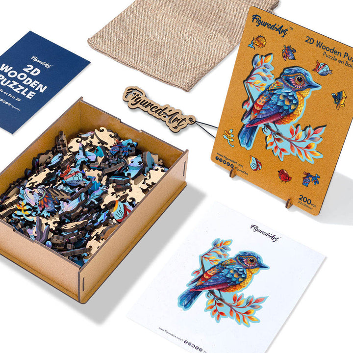 Holzpuzzle 2D Design – Blauer Vogel auf einem Ast - Kidis Art