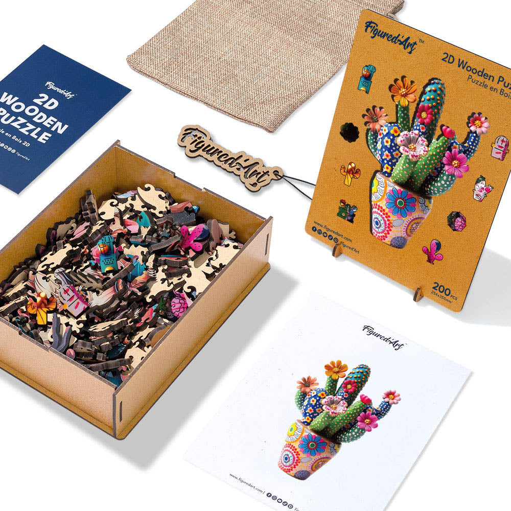 Holzpuzzle 2D Design – Blühender Kaktus im Topf - Kidis Art