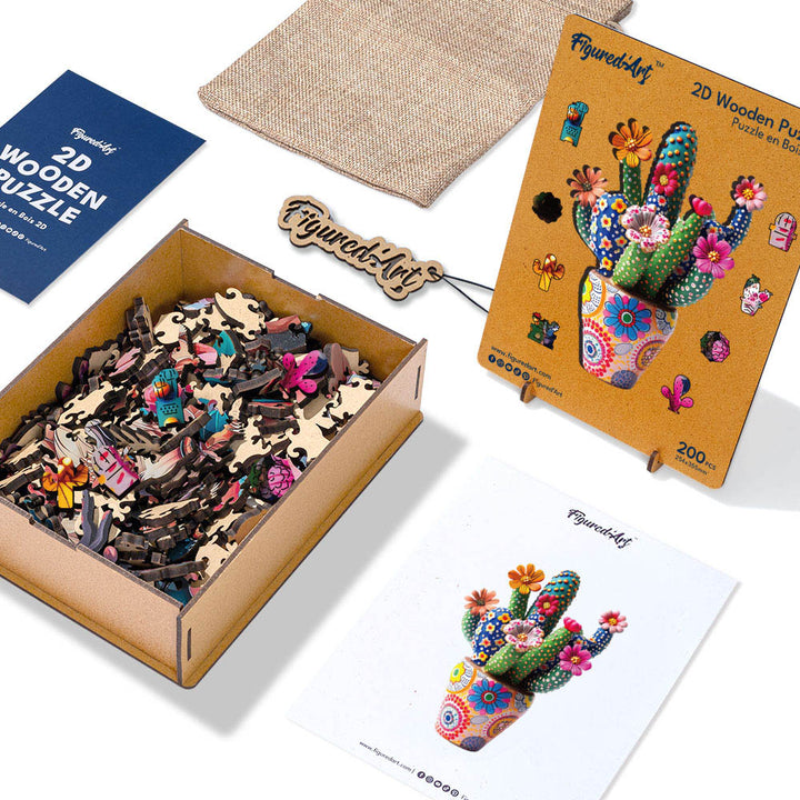 Holzpuzzle 2D Design – Blühender Kaktus im Topf - Kidis Art