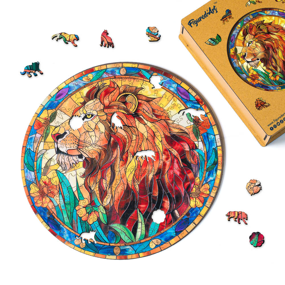 Holzpuzzle 2D Design – Löwe im Stil eines Buntglasfensters - Kidis Art