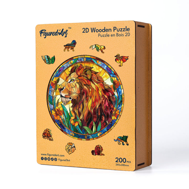 Holzpuzzle 2D Design – Löwe im Stil eines Buntglasfensters - Kidis Art