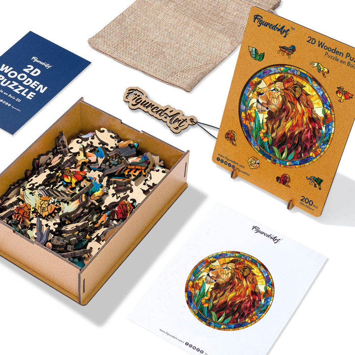 Holzpuzzle 2D Design – Löwe im Stil eines Buntglasfensters - Kidis Art