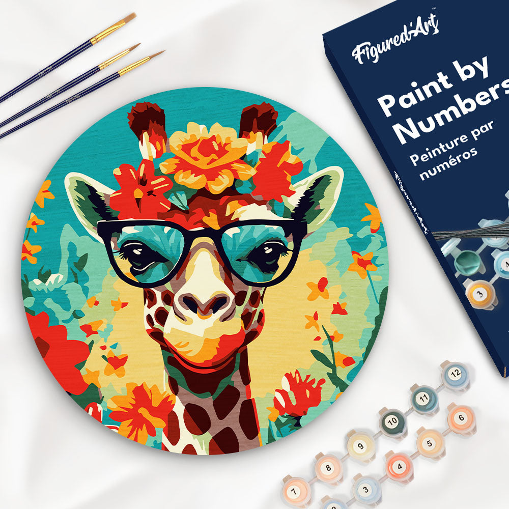 Malen nach Zahlen auf Holzscheibe – Fantasie-Giraffe und Blumen - Kidis Art