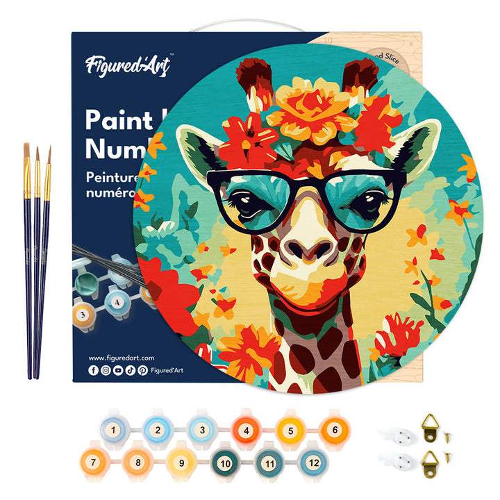Malen nach Zahlen auf Holzscheibe – Fantasie-Giraffe und Blumen - Kidis Art