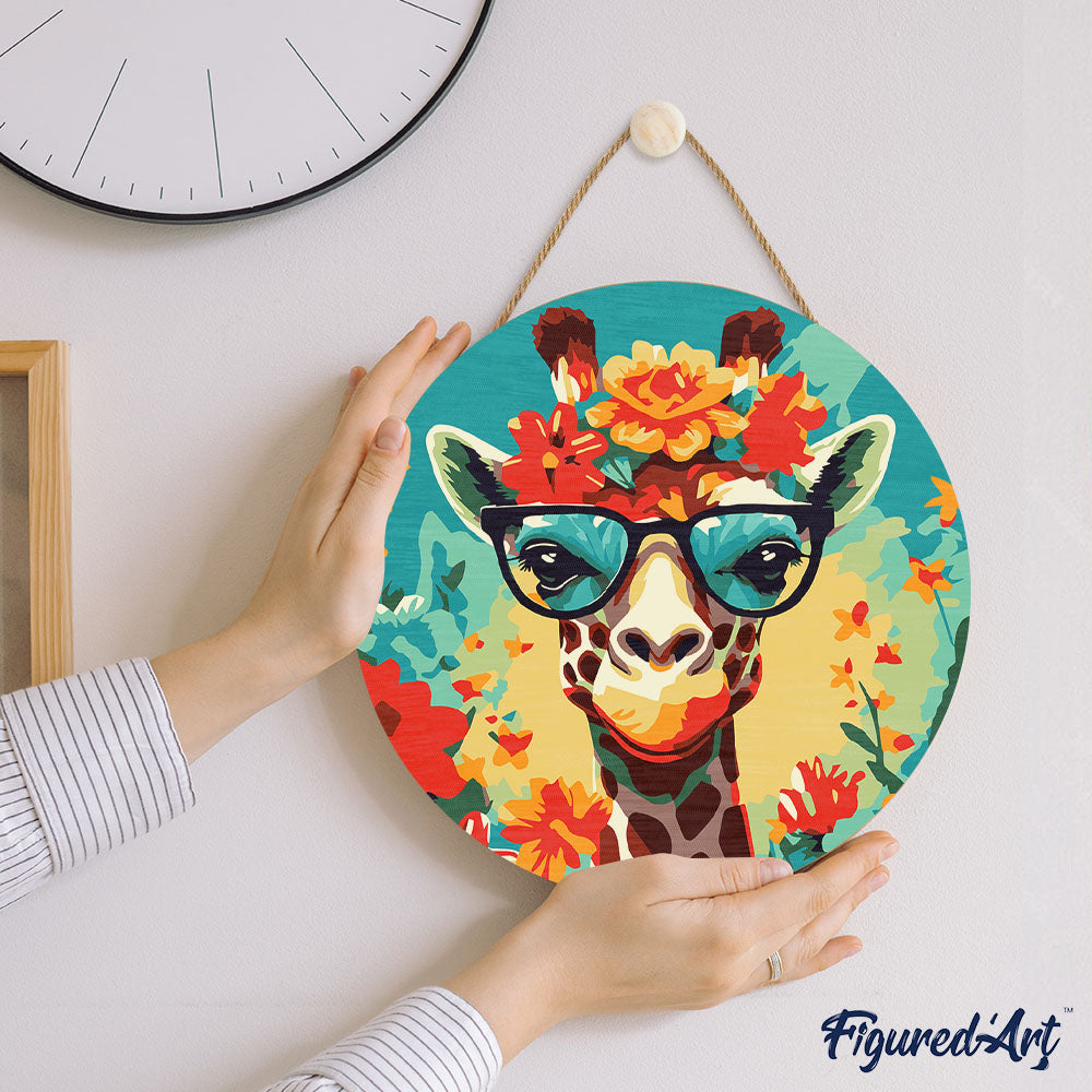 Malen nach Zahlen auf Holzscheibe – Fantasie-Giraffe und Blumen - Kidis Art