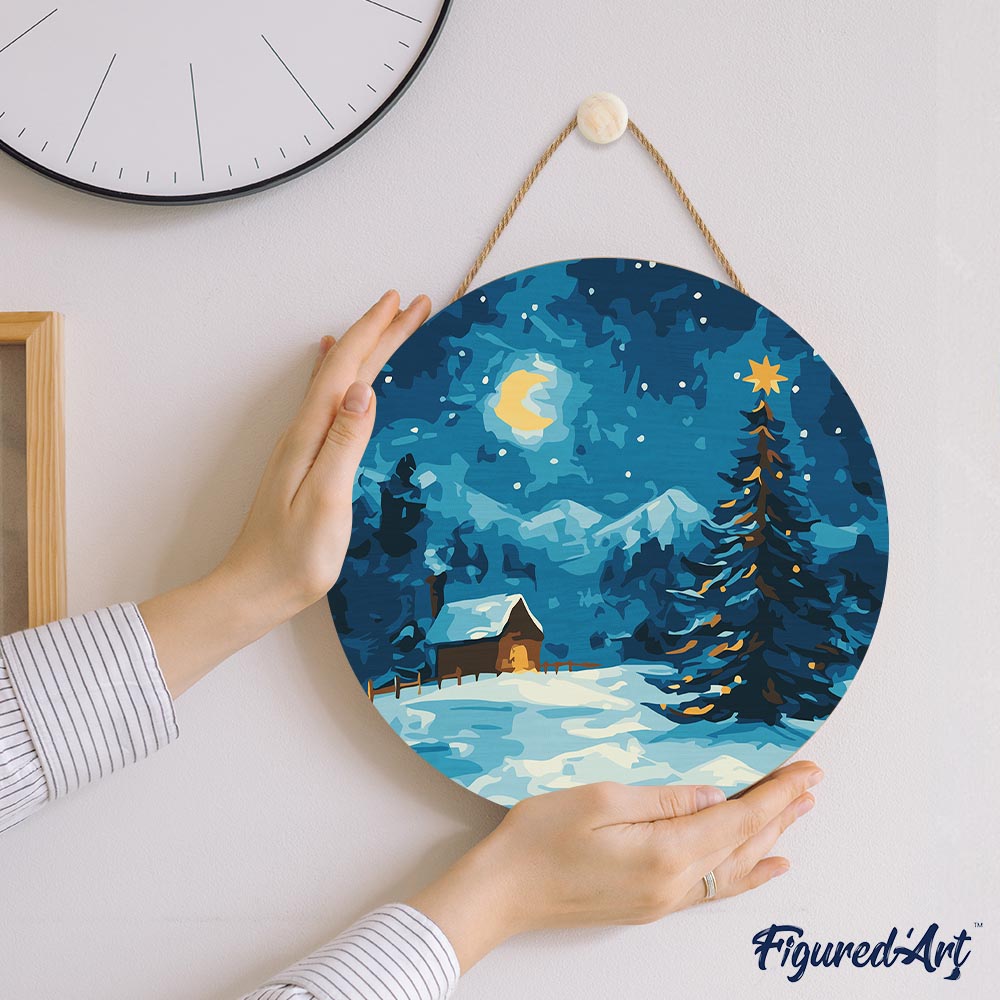 Malen nach Zahlen auf Holzscheibe – Sternennacht zu Weihnachten - Kidis Art