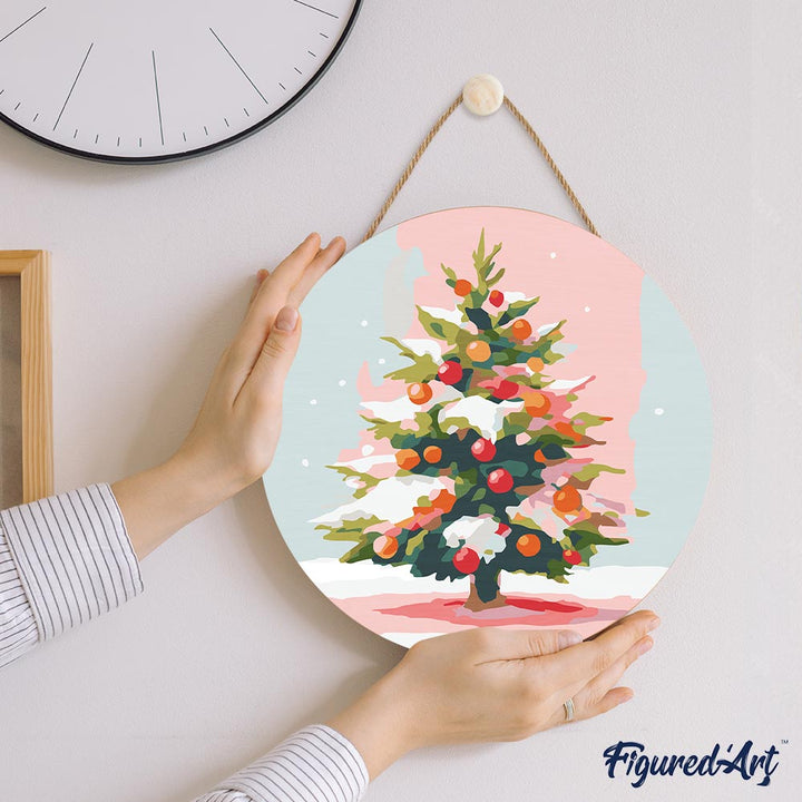 Malen nach Zahlen auf Holzscheibe – Weihnachtsbaum im Schnee - Kidis Art