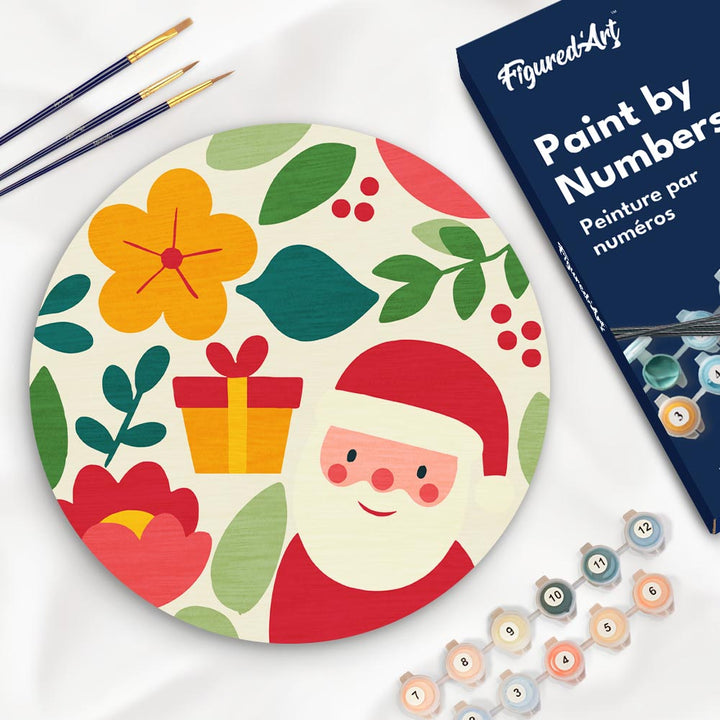 Malen nach Zahlen auf Holzscheibe – Weihnachtsmann und Blumen - Kidis Art