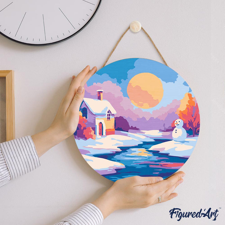 Malen nach Zahlen auf Holzscheibe – Winterszene bei Sonnenuntergang - Kidis Art