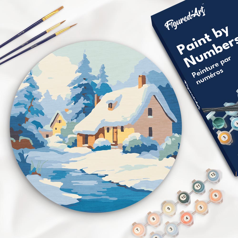 Malen nach Zahlen auf Holzscheibe – Chalet im Winter - Kidis Art