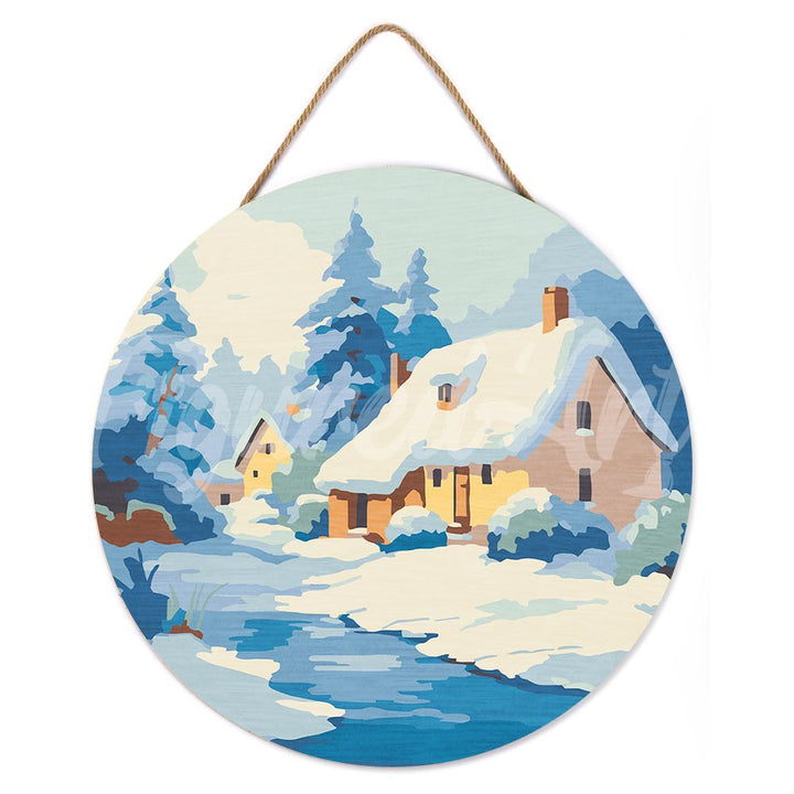 Malen nach Zahlen auf Holzscheibe – Chalet im Winter - Kidis Art