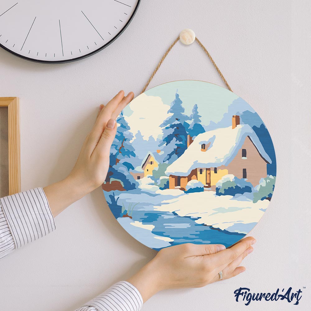 Malen nach Zahlen auf Holzscheibe – Chalet im Winter - Kidis Art