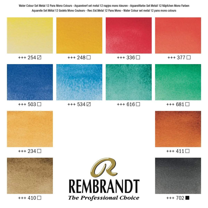 Rembrandt Aquarellfarben-Set im Metalletui mit monopigmentierte Farbauswahl I 12 Näpfchen + Pinsel - Kidis Art