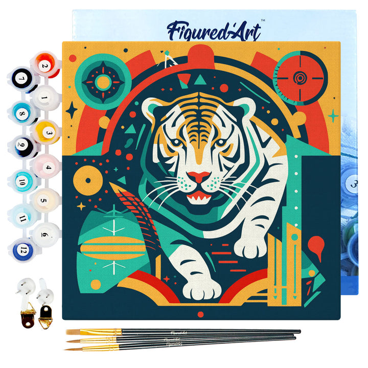Mini Malen nach Zahlen mit Rahmen 20x20cm - Abstrakter Art-Deco-Tiger - Kidis Art