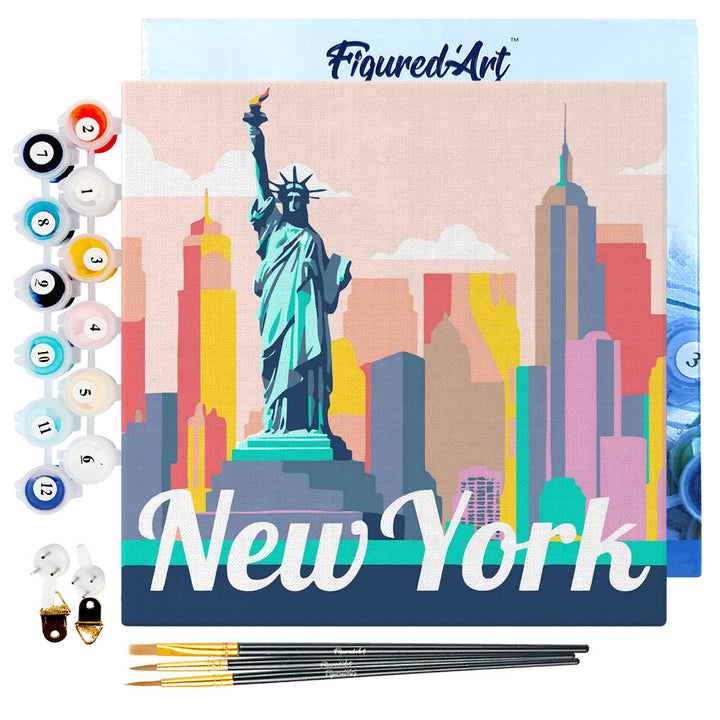 Mini Malen nach Zahlen mit Rahmen 20x20cm - Reiseplakat Freiheitsstatur New York - Kidis Art