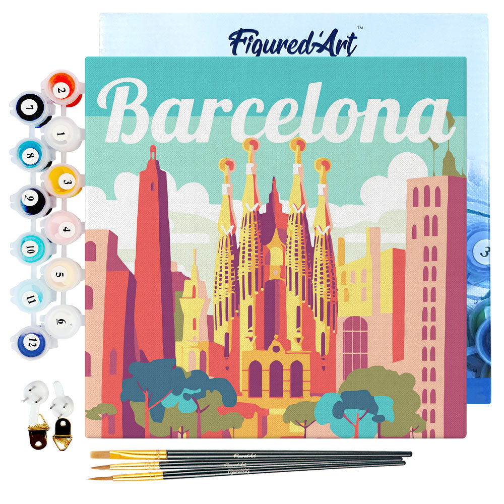 Mini Malen nach Zahlen mit Rahmen 20x20cm - Reiseplakat Barcelona - Kidis Art