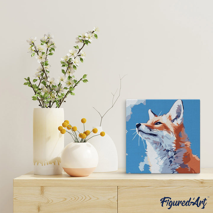 Mini Malen nach Zahlen mit Rahmen 20x20cm - Fuchs mit blauem Himmel - Kidis Art