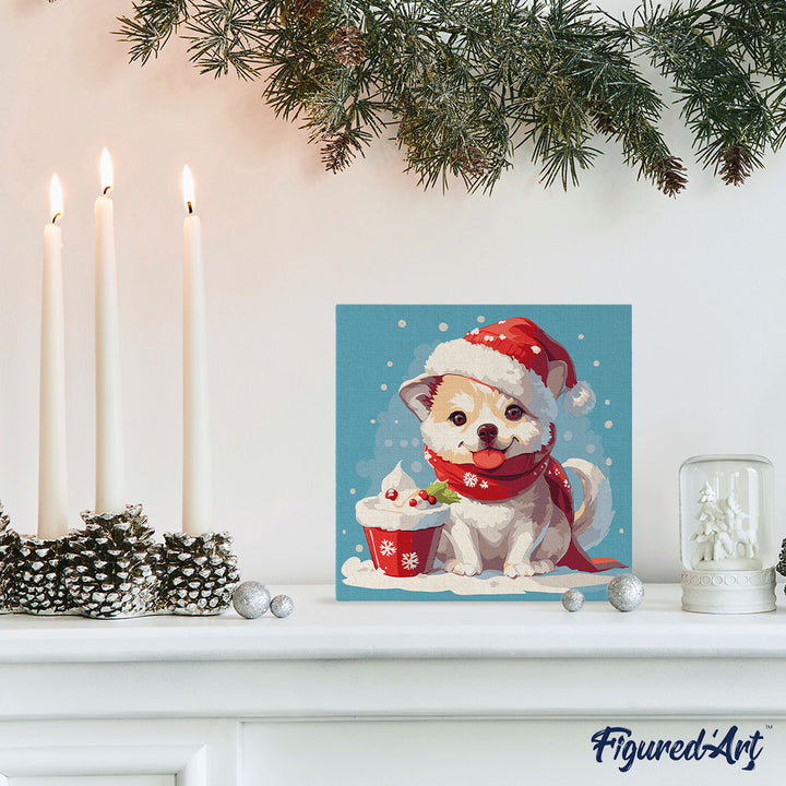 Mini Malen nach Zahlen mit Rahmen 20x20cm „Weihnachtswelpe“ - Kidis Art