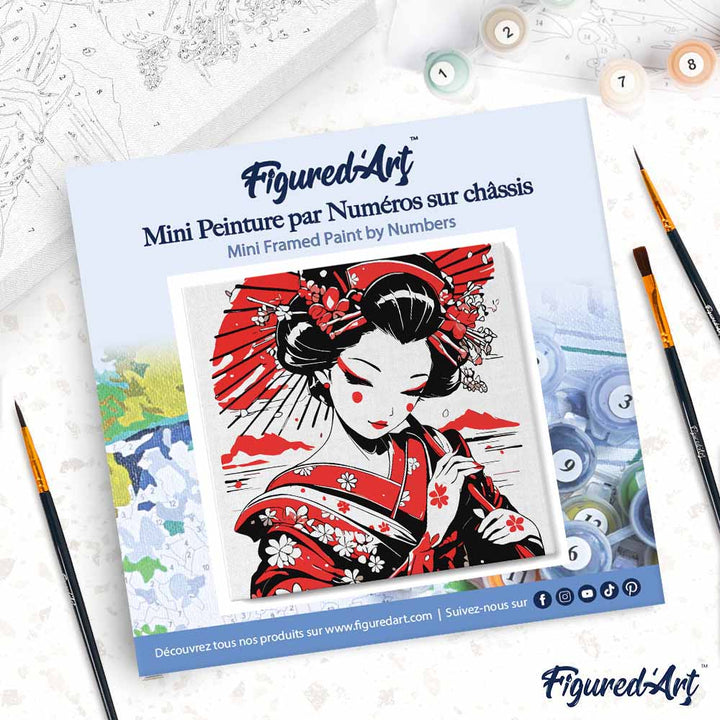 Mini Malen nach Zahlen mit Rahmen 20x20cm Rote und schwarze Geisha - Kidis Art
