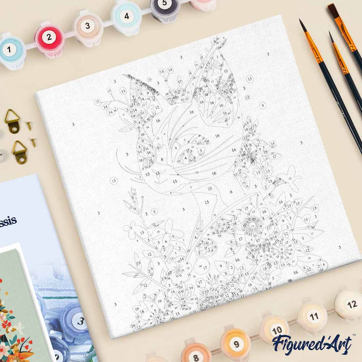 Mini Malen nach Zahlen mit Rahmen 20x20cm Katze mit Blumenmuster im Kimono - Kidis Art