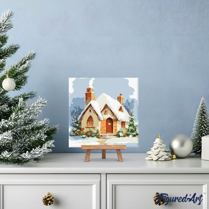Mini Malen nach Zahlen mit Rahmen 20x20cm Backsteinhaus im Schnee - Kidis Art