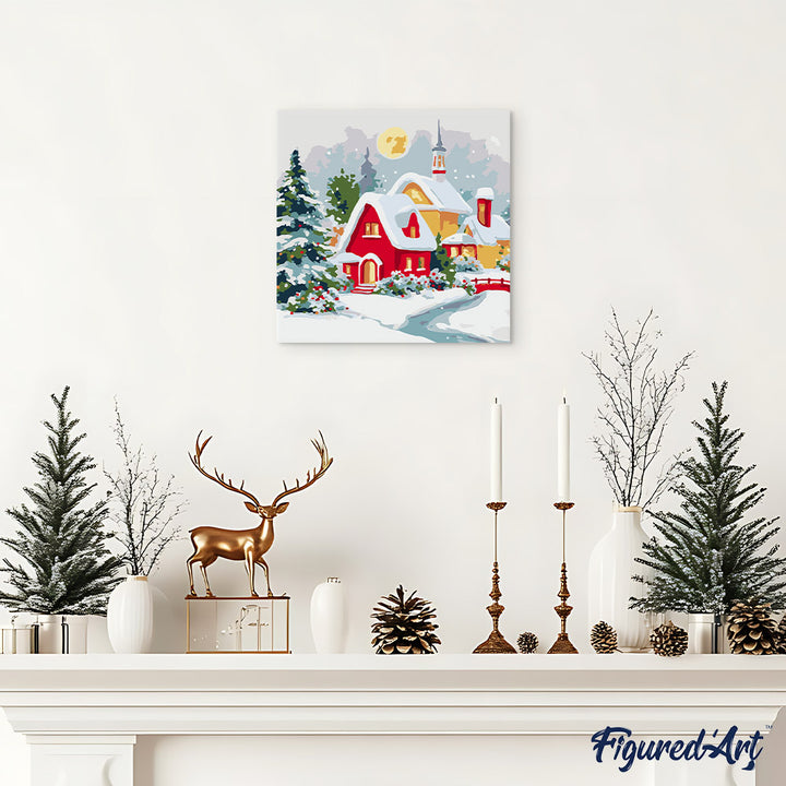 Mini Malen nach Zahlen mit Rahmen 20x20cm Rotes Haus im Winter - Kidis Art