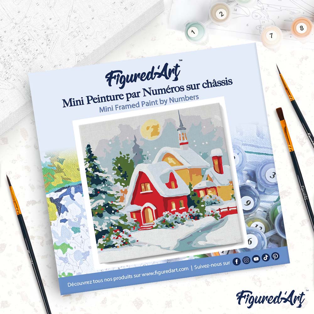 Mini Malen nach Zahlen mit Rahmen 20x20cm Rotes Haus im Winter - Kidis Art